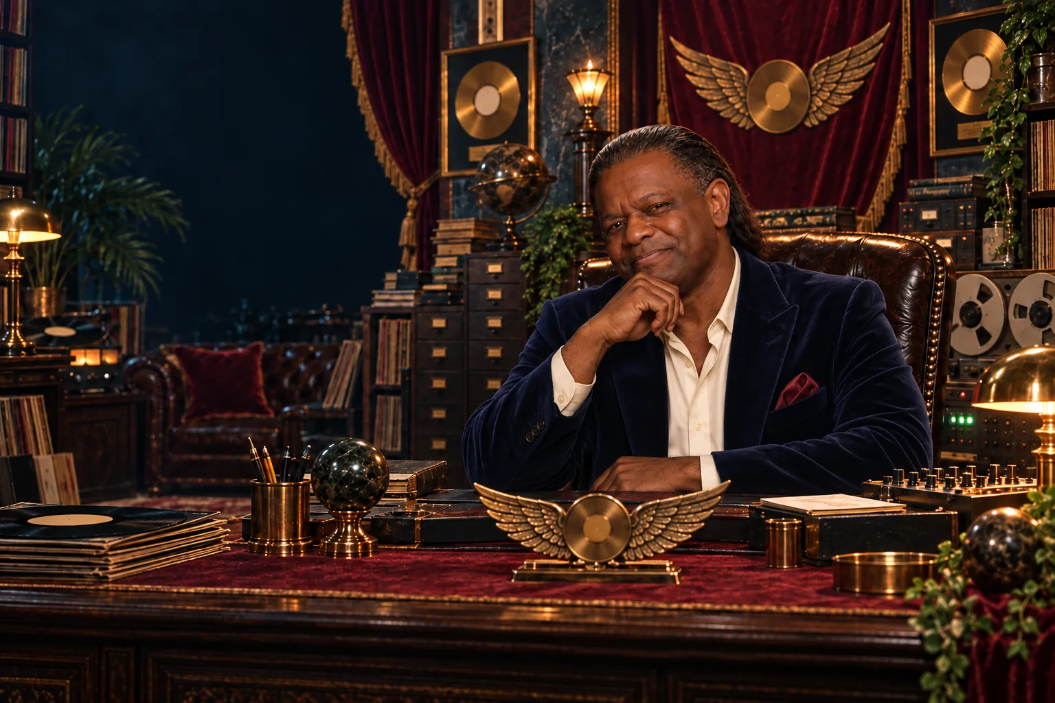 Bart in a navy velvet blazer seated at a ceremonial producer desk surrounded by records, studio equipment, and filing cabinets