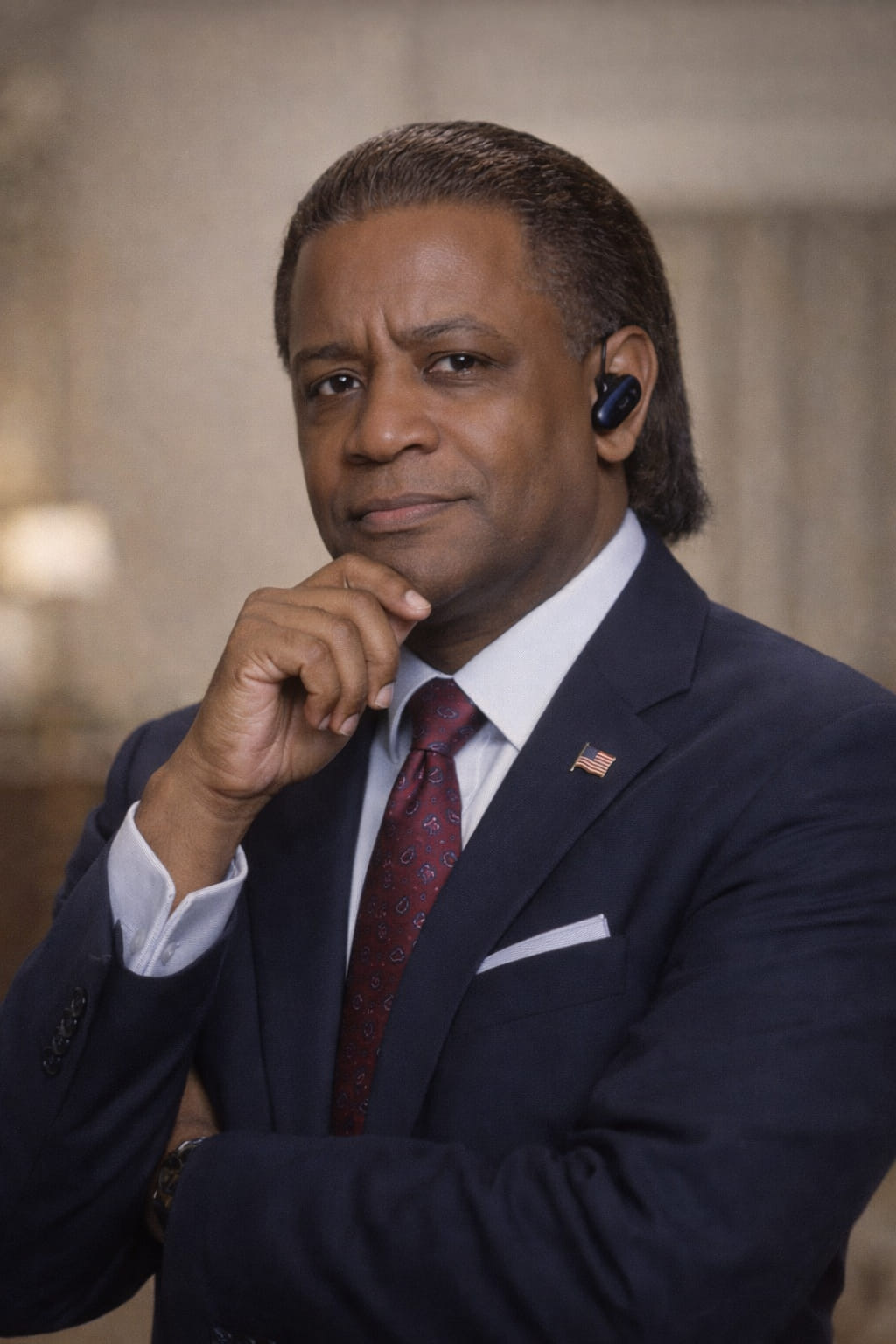 Formal portrait of a man in a dark suit and red patterned tie.
